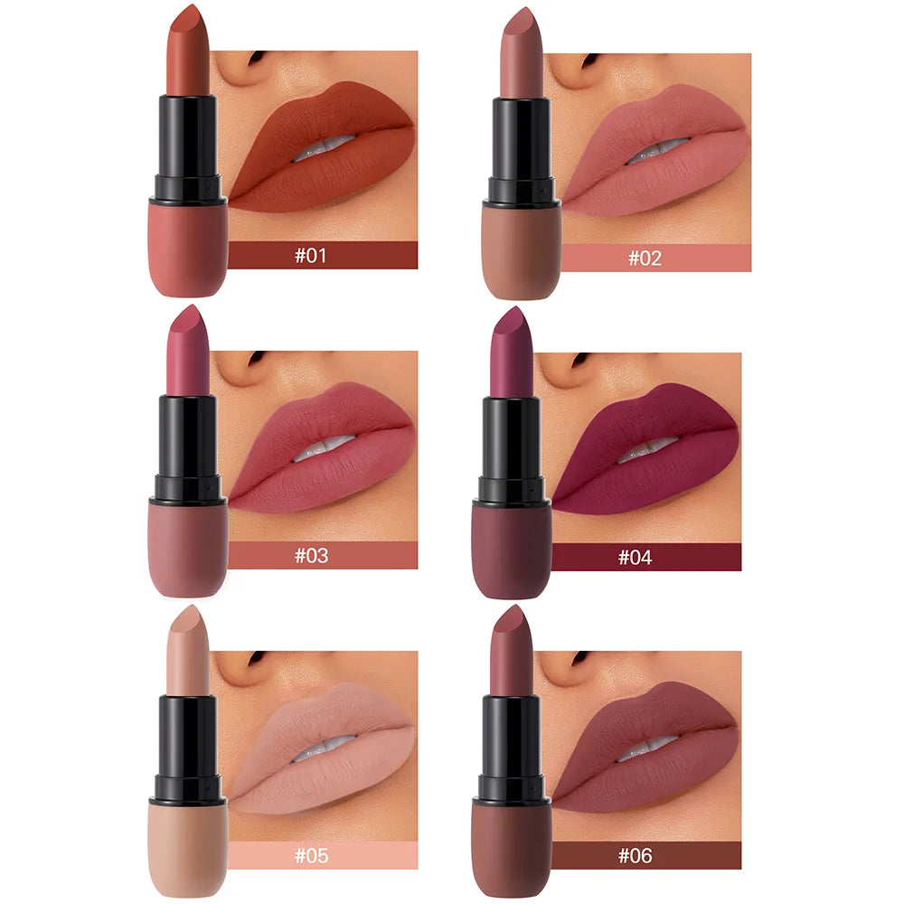 Rouge à Lèvres Mat 6 Couleurs – Velours, Imperméable & Longue Durée