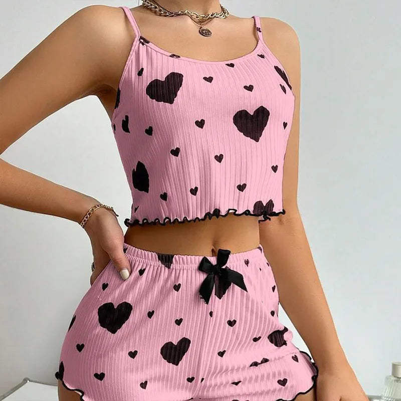 Ensemble de Pyjamas d’Amour pour Femmes – Vêtements de Nuit Courts 2 Pièces, Doux et Respirant
