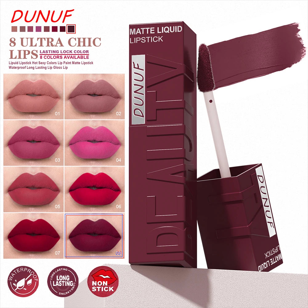Rouge à Lèvres Velours Mat – 8 Couleurs, Facile à Appliquer, Imperméable, Tube Carré Tridimensionnel