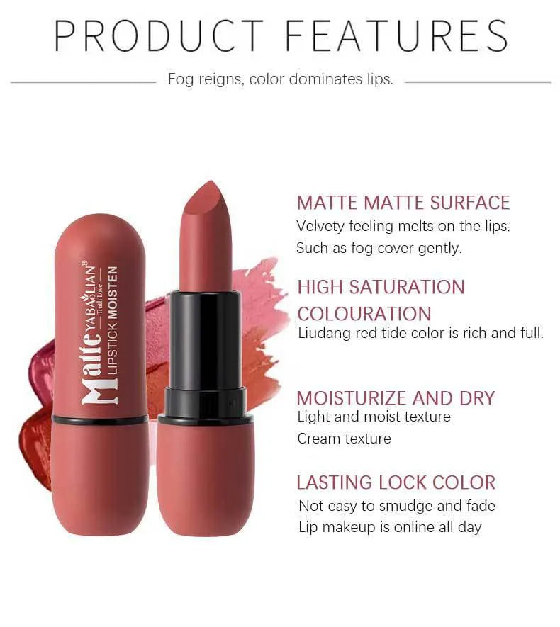 Rouge à Lèvres Mat 6 Couleurs – Velours, Imperméable & Longue Durée