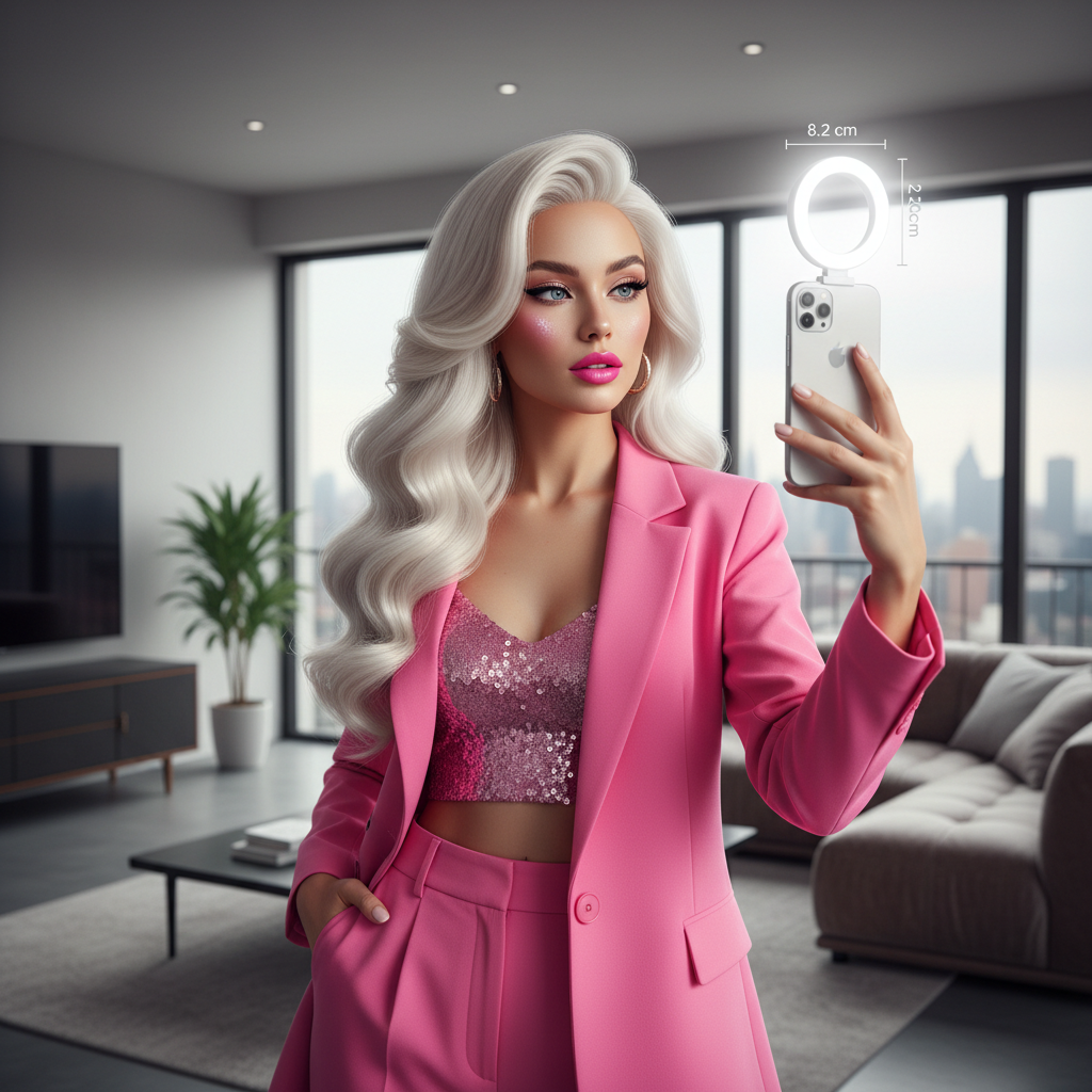 Anneau lumineux LED pour telephone, Taille (diamètre x épaisseur): 8,2 x 2,9 cm, utilisation sur une barbie humaine accrocher sur son telephone