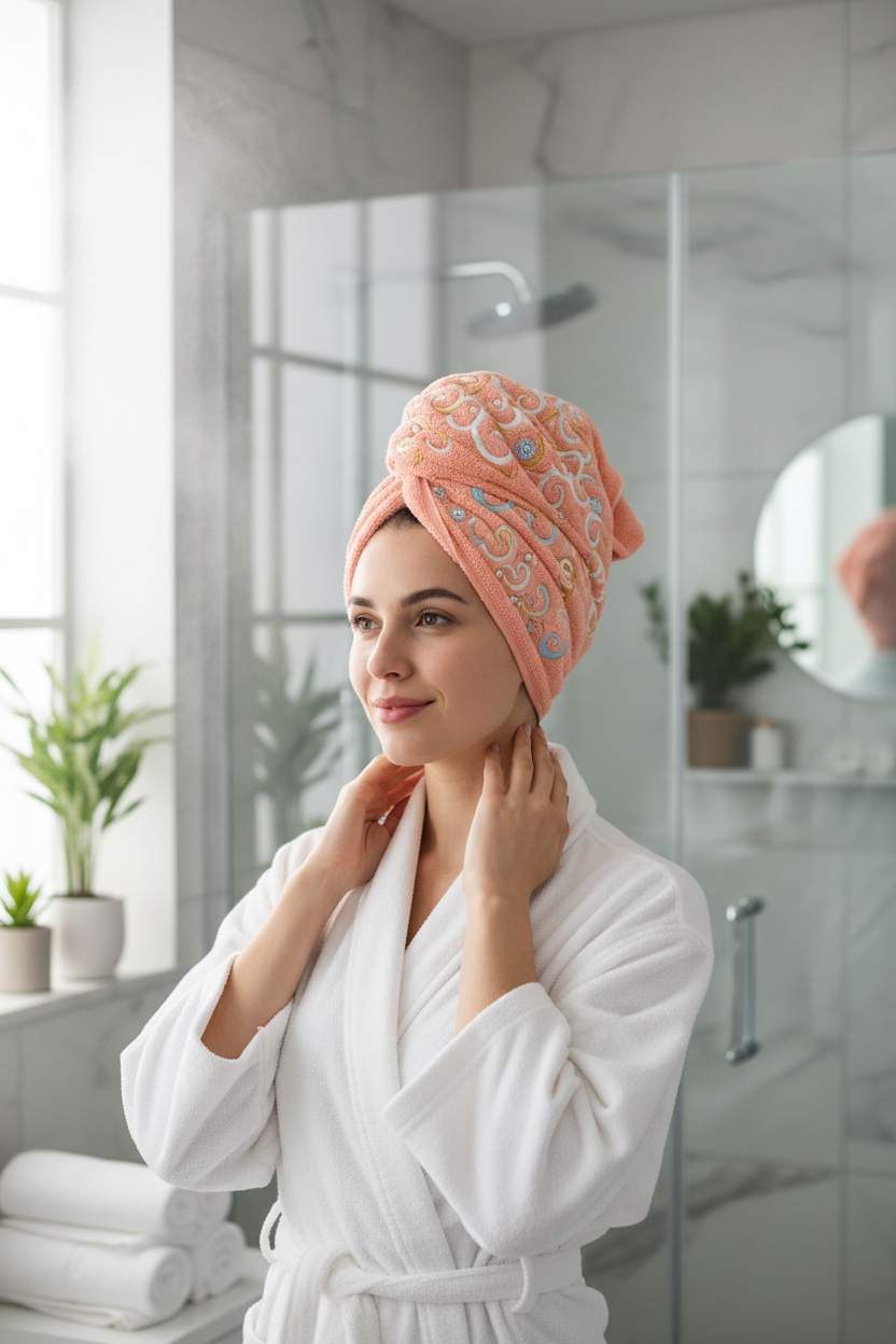 Bonnet de séchage de cheveux de Style brodé, serviette de cheveux épaisse en molleton de corail pour salle de bain, bonnet de douche absorbant à séchage rapide pour femmes, sur une femme le portant apres sa douche