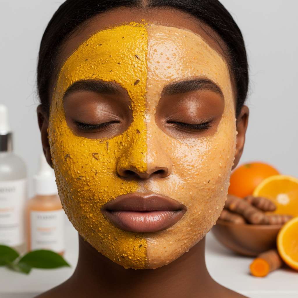 Masque facial exfoliant à la vitamine C, masque facial exfoliant au curcuma couleur jaune sur un modèle de peau foncé
