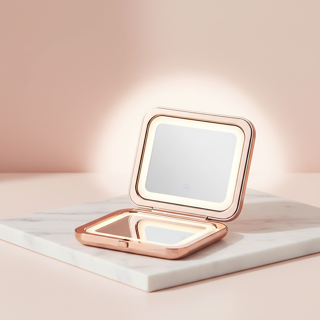 Miroir compact avec éclairage, grossissement 1X/2X, miroir de maquillage portable pliable de poche LED pour cadeau double miroir   forme caré du miroir a led , Dimensions : 9 cm (longueur) × 8 cm (largeur), fait sur un fond vendeur sans mentionner les mesure