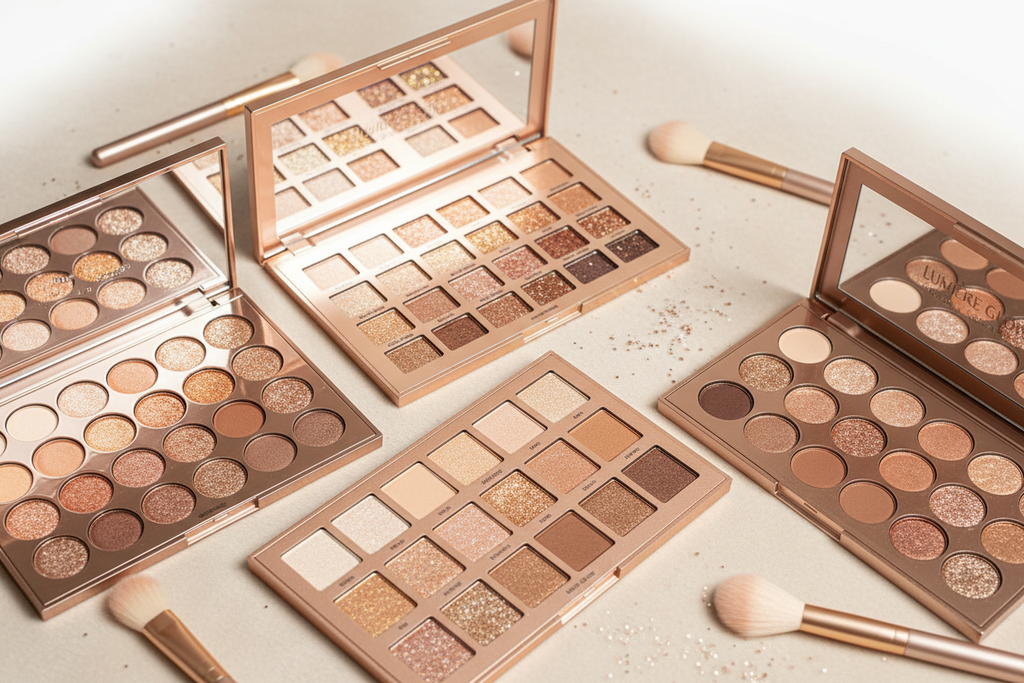 Palette de fards nude à  pailletés, 4 palette : 40/74/78 couleurs sur une image de présentation 